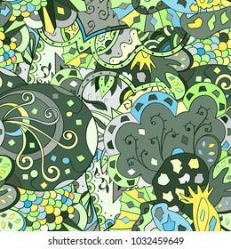 Tracery seamless pattern. Mehndi design. Ethnic colorful doodle texture. Curved doodling background. Vector