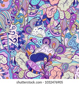 Tracery seamless pattern. Mehndi design. Ethnic colorful doodle texture. Curved doodling background. Vector
