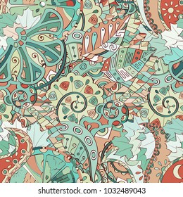 Tracery seamless pattern. Mehndi design. Ethnic colorful doodle texture. Curved doodling background. Vector