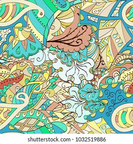 Tracery seamless pattern. Mehndi design. Ethnic colorful doodle texture. Curved doodling background. Vector