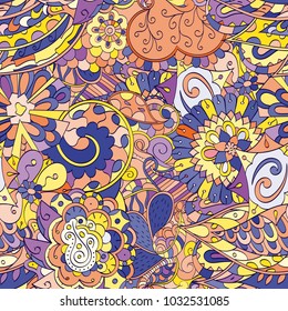 Tracery seamless pattern. Mehndi design. Ethnic colorful doodle texture. Curved doodling background. Vector