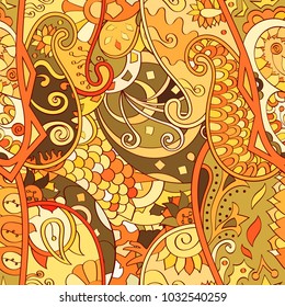 Tracery seamless pattern. Mehndi design. Ethnic colorful doodle texture. Curved doodling background. Vector