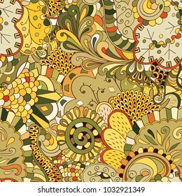 Tracery seamless pattern. Mehndi design. Ethnic colorful doodle texture. Curved doodling background. Vector