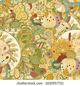 Tracery seamless pattern. Mehndi design. Ethnic colorful doodle texture. Curved doodling background. Vector
