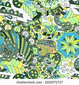 Tracery seamless pattern. Mehndi design. Ethnic colorful doodle texture. Curved doodling background. Vector