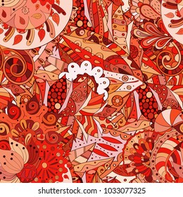 Tracery seamless pattern. Mehndi design. Ethnic colorful doodle texture. Curved doodling background. Vector