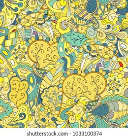 Tracery seamless pattern. Mehndi design. Ethnic colorful doodle texture. Curved doodling background. Vector