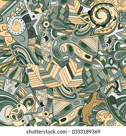 Tracery seamless pattern. Mehndi design. Ethnic colorful doodle texture. Curved doodling background. Vector