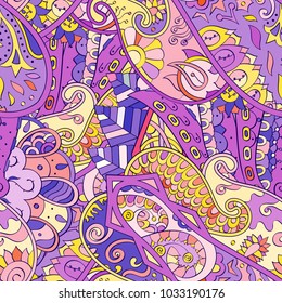 Tracery seamless pattern. Mehndi design. Ethnic colorful doodle texture. Curved doodling background. Vector