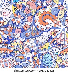 Tracery seamless pattern. Mehndi design. Ethnic colorful doodle texture. Curved doodling background. Vector