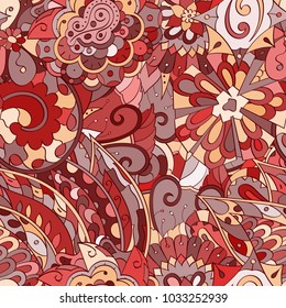 Tracery seamless pattern. Mehndi design. Ethnic colorful doodle texture. Curved doodling background. Vector