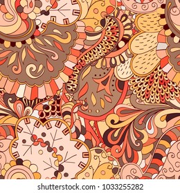 Tracery seamless pattern. Mehndi design. Ethnic colorful doodle texture. Curved doodling background. Vector