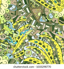 Tracery seamless pattern. Mehndi design. Ethnic colorful doodle texture. Curved doodling background. Vector