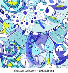 Tracery seamless pattern. Mehndi design. Ethnic colorful doodle texture. Curved doodling background. Vector