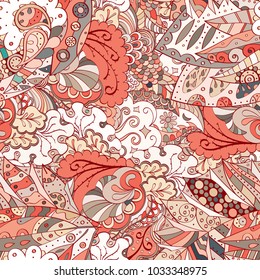 Tracery seamless pattern. Mehndi design. Ethnic colorful doodle texture. Curved doodling background. Vector