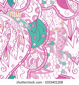 Tracery seamless pattern. Mehndi design. Ethnic colorful doodle texture. Curved doodling background. Vector