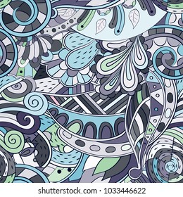 Tracery seamless pattern. Mehndi design. Ethnic colorful doodle texture. Curved doodling background. Vector