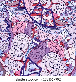 Tracery seamless pattern. Mehndi design. Ethnic colorful doodle texture. Curved doodling background. Vector