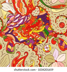 Tracery seamless pattern. Mehndi design. Ethnic colorful doodle texture. Curved doodling background. Vector