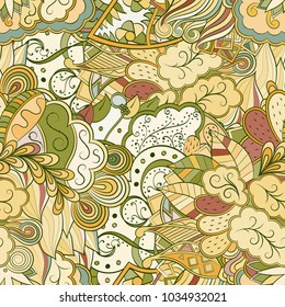 Tracery seamless pattern. Mehndi design. Ethnic colorful doodle texture. Curved doodling background. Vector