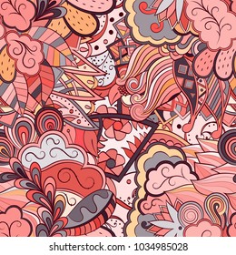 Tracery seamless pattern. Mehndi design. Ethnic colorful doodle texture. Curved doodling background. Vector
