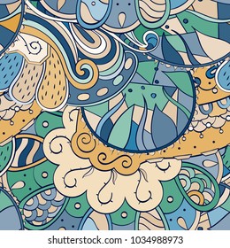 Tracery seamless pattern. Mehndi design. Ethnic colorful doodle texture. Curved doodling background. Vector