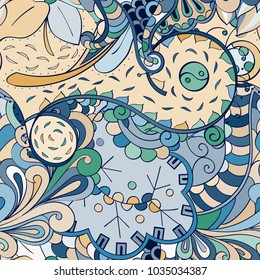 Tracery seamless pattern. Mehndi design. Ethnic colorful doodle texture. Curved doodling background. Vector