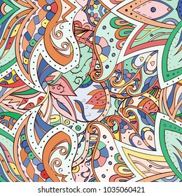 Tracery seamless pattern. Mehndi design. Ethnic colorful doodle texture. Curved doodling background. Vector
