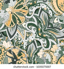 Tracery seamless pattern. Mehndi design. Ethnic colorful doodle texture. Curved doodling background. Vector