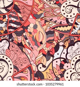 Tracery seamless pattern. Mehndi design. Ethnic colorful doodle texture. Curved doodling background. Vector