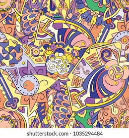 Tracery seamless pattern. Mehndi design. Ethnic colorful doodle texture. Curved doodling background. Vector