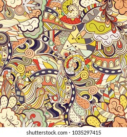 Tracery seamless pattern. Mehndi design. Ethnic colorful doodle texture. Curved doodling background. Vector
