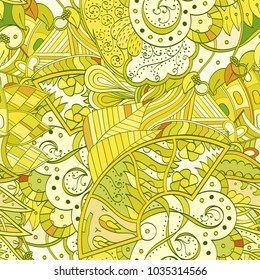 Tracery seamless pattern. Mehndi design. Ethnic colorful doodle texture. Curved doodling background. Vector