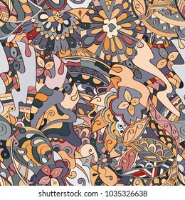 Tracery seamless pattern. Mehndi design. Ethnic colorful doodle texture. Curved doodling background. Vector
