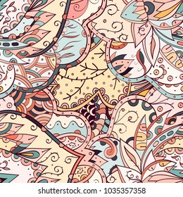 Tracery seamless pattern. Mehndi design. Ethnic colorful doodle texture. Curved doodling background. Vector