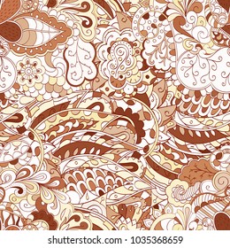 Tracery seamless pattern. Mehndi design. Ethnic colorful doodle texture. Curved doodling background. Vector