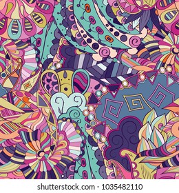 Tracery seamless pattern. Mehndi design. Ethnic colorful doodle texture. Curved doodling background. Vector