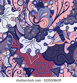 Tracery seamless pattern. Mehndi design. Ethnic colorful doodle texture. Curved doodling background. Vector