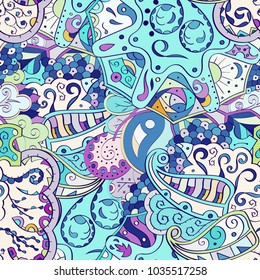 Tracery seamless pattern. Mehndi design. Ethnic colorful doodle texture. Curved doodling background. Vector