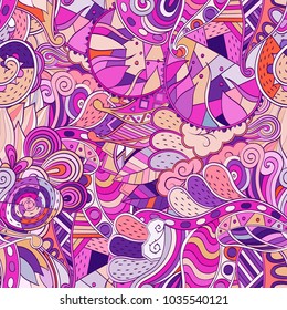 Tracery seamless pattern. Mehndi design. Ethnic colorful doodle texture. Curved doodling background. Vector