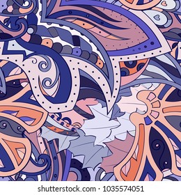 Tracery seamless pattern. Mehndi design. Ethnic colorful doodle texture. Curved doodling background. Vector