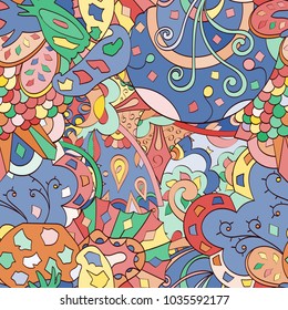 Tracery seamless pattern. Mehndi design. Ethnic colorful doodle texture. Curved doodling background. Vector