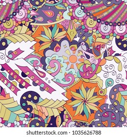Tracery seamless pattern. Mehndi design. Ethnic colorful doodle texture. Curved doodling background. Vector