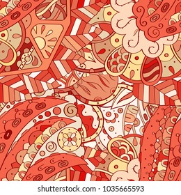 Tracery seamless pattern. Mehndi design. Ethnic colorful doodle texture. Curved doodling background. Vector