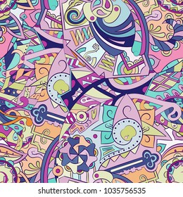 Tracery seamless pattern. Mehndi design. Ethnic colorful doodle texture. Curved doodling background. Vector