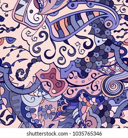 Tracery seamless pattern. Mehndi design. Ethnic colorful doodle texture. Curved doodling background. Vector