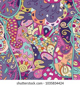 Tracery seamless pattern. Mehndi design. Ethnic colorful doodle texture. Curved doodling background. Vector