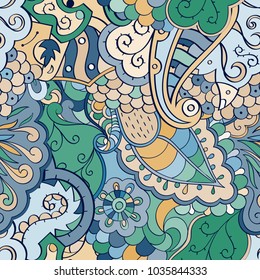 Tracery seamless pattern. Mehndi design. Ethnic colorful doodle texture. Curved doodling background. Vector