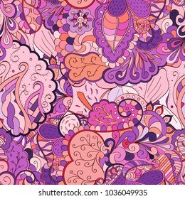 Tracery seamless pattern. Mehndi design. Ethnic colorful doodle texture. Curved doodling background. Vector