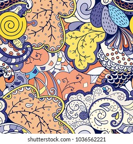 Tracery seamless pattern. Mehndi design. Ethnic colorful doodle texture. Curved doodling background. Vector